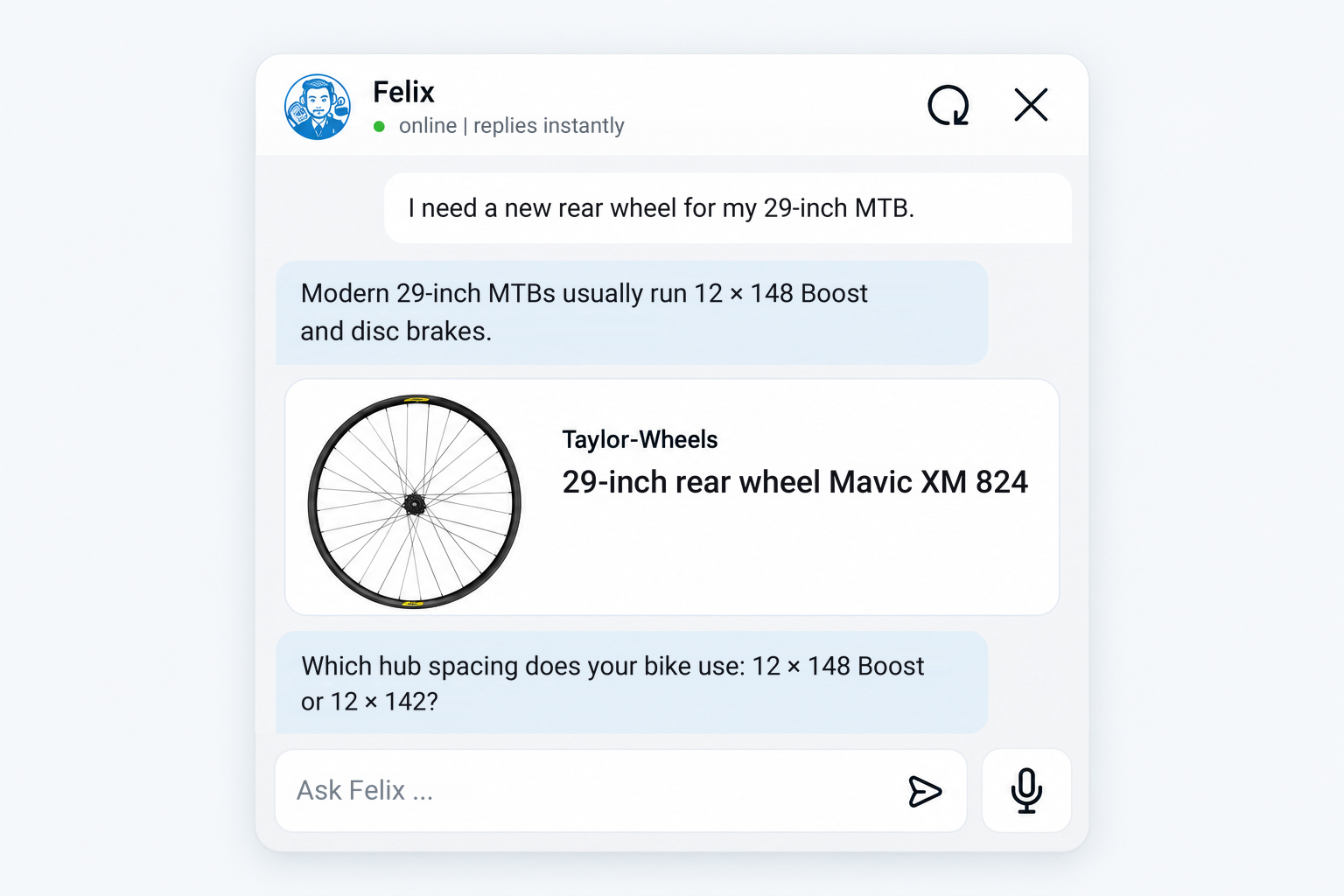 Example of Felix providing product advice in the Taylor Wheels online store