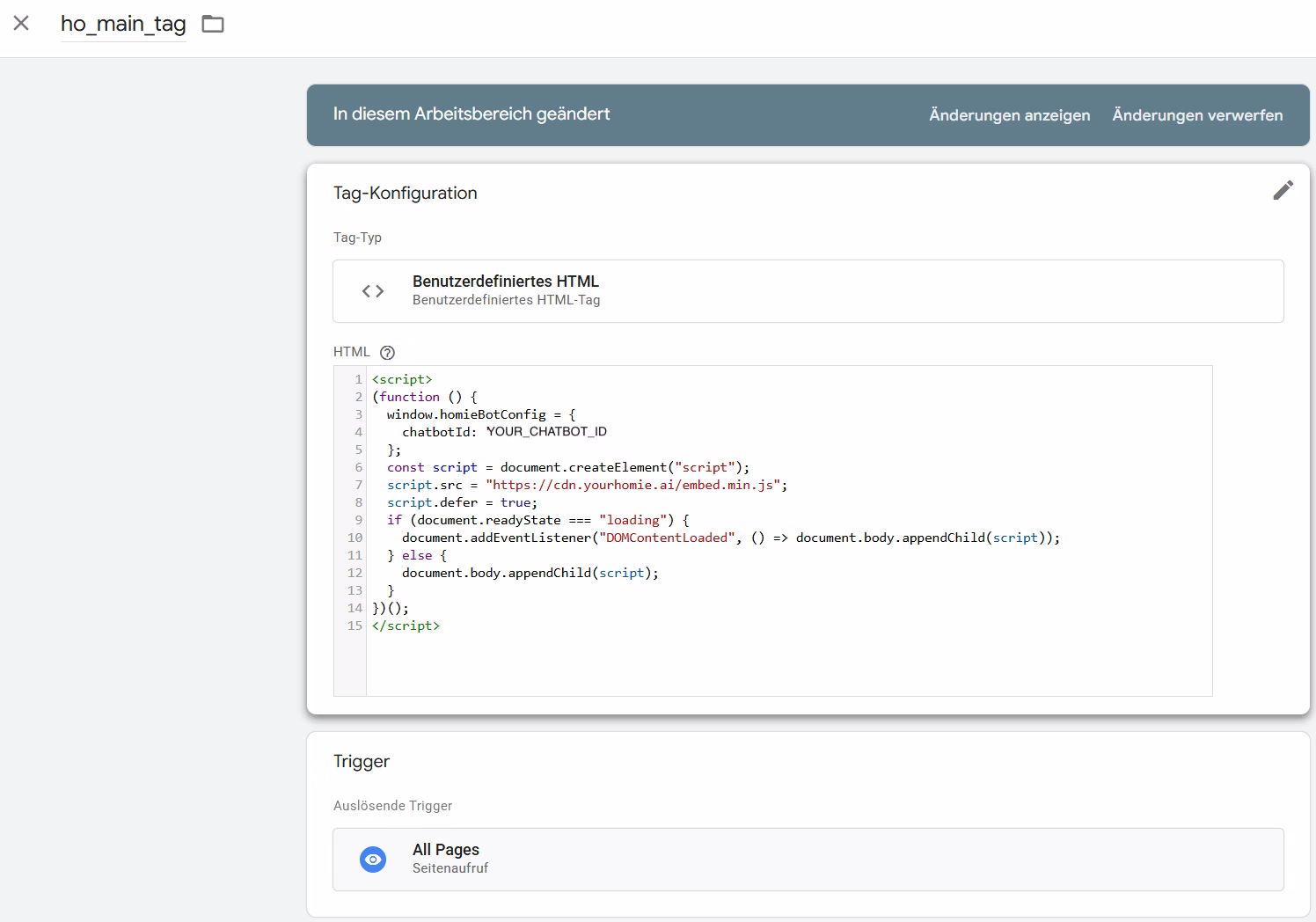 Ein Fenster für die Einrichtung von Google Tag Manager