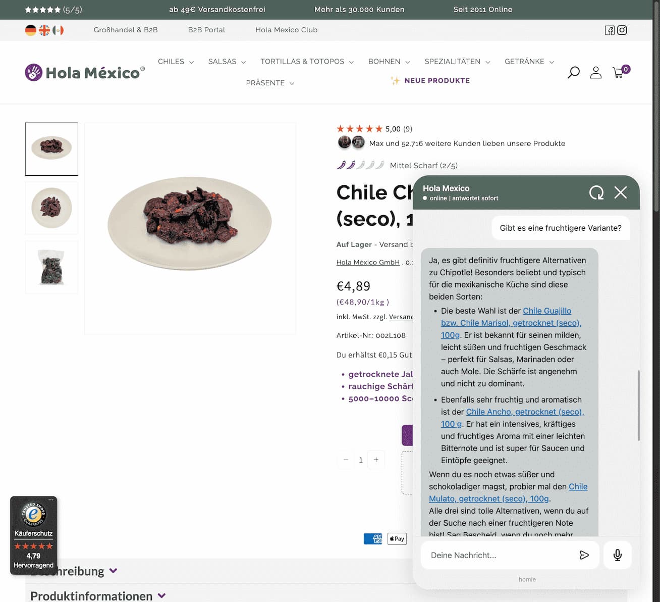 Die Oberfläche Online-Shops mit einem Produkt