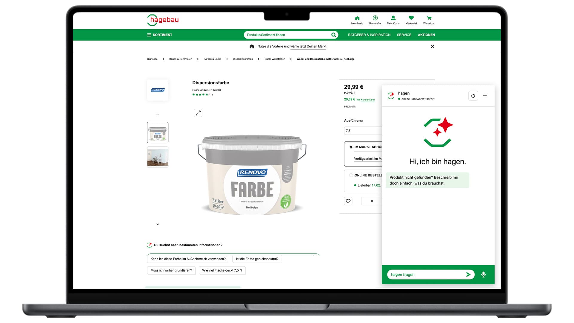 A laptop displaying the hagebau online shop interface