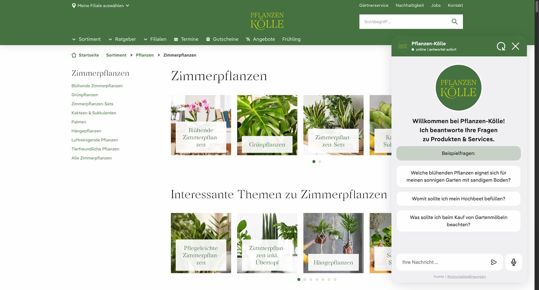 The web interface of the garden shop from Pflanzen Kölle