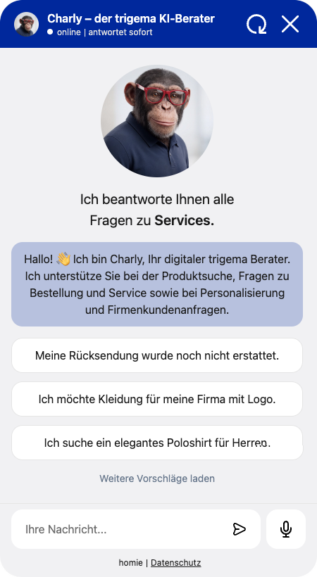 Chatfenster von Charly, dem Trigema KI-Berater, im Onlineshop von Trigema